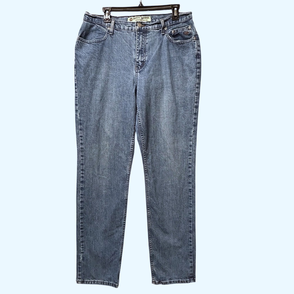 Harley Davidson Womens Denim Jeans Blue Embroidered Logo Pockets Distressed-12 L
